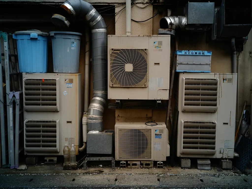 Outdoor air conditioning condensers and ducting stacked behind a building