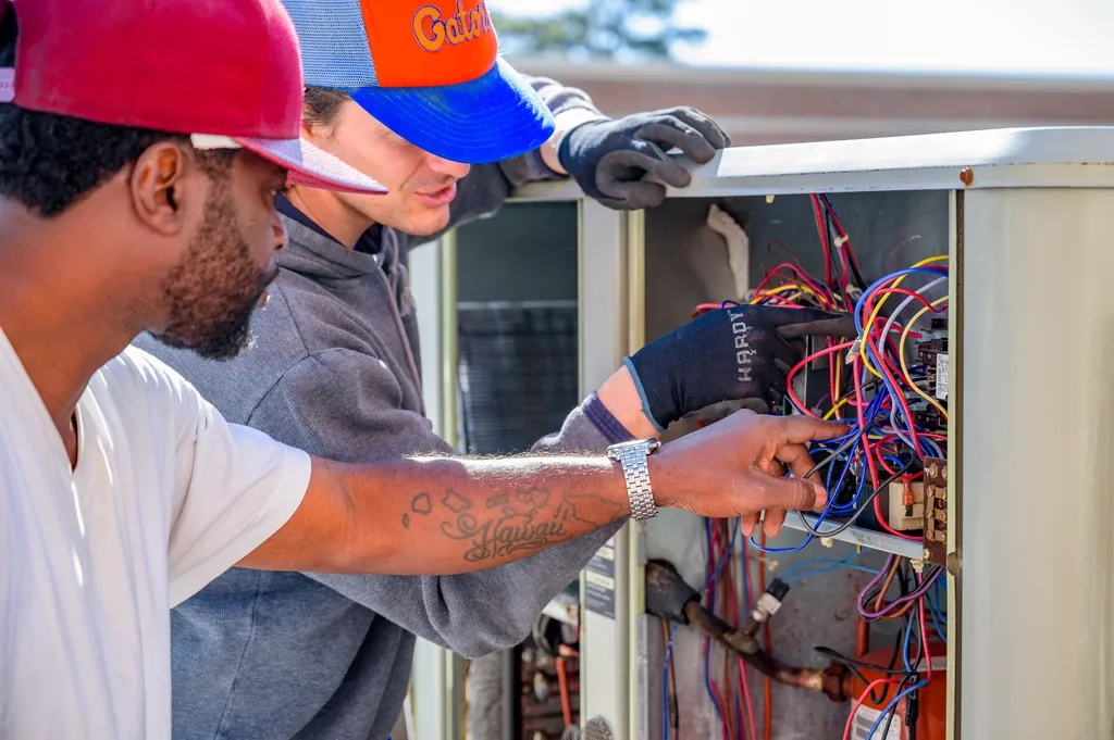 Two technicians wiring the control panel of an outdoor air conditioning unit