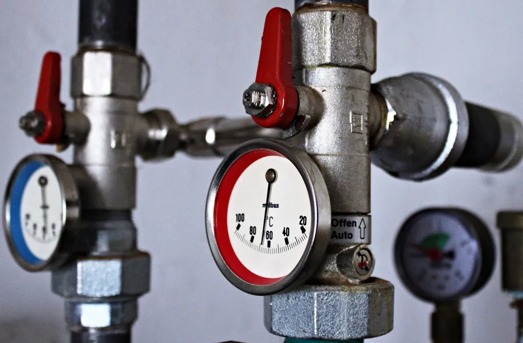Heating system pipes with pressure gauges and red shut-off valves
